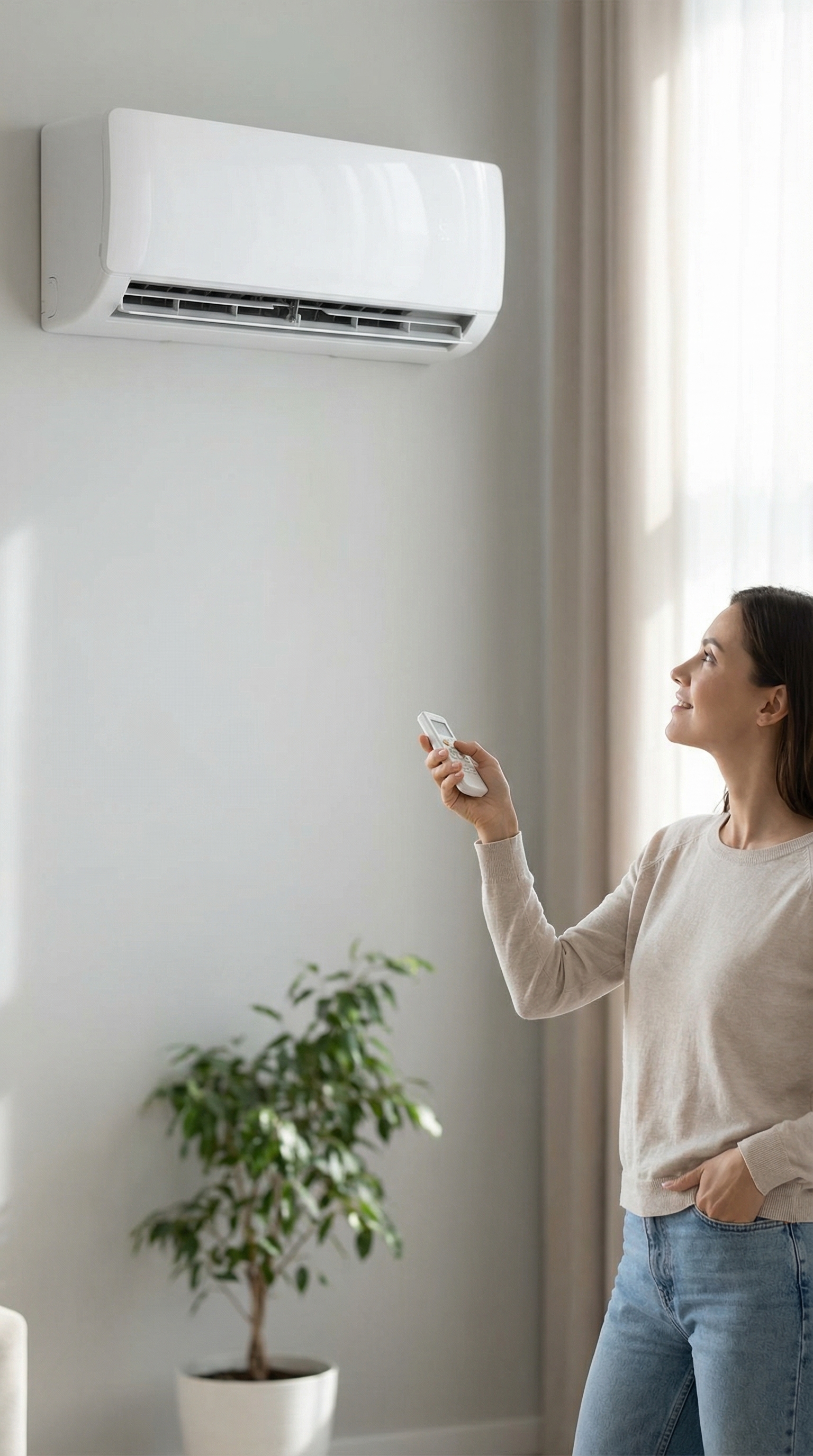 Woman using a remote to control a mini-split AC
